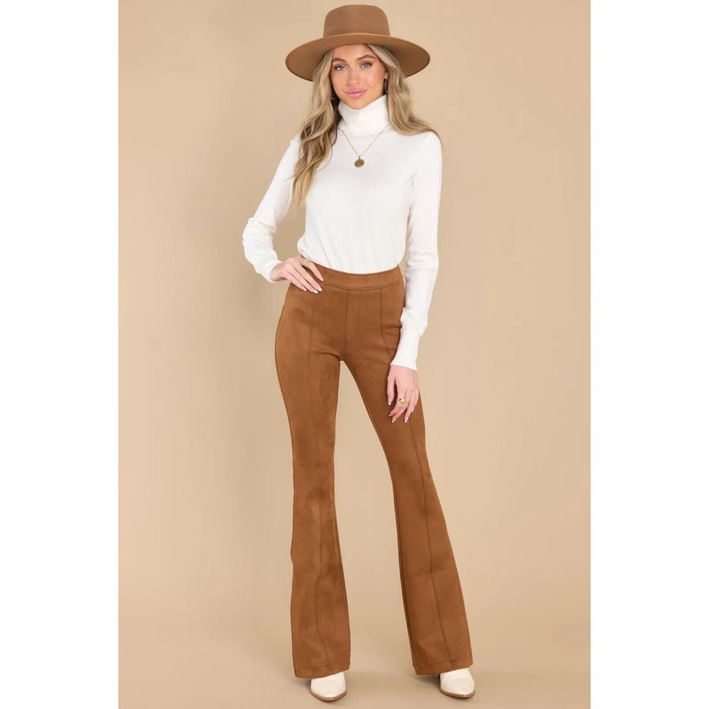 Spanx Faux Suede Flare Pant S M L Rich Caramel Brown Wide Leg Career Workwear